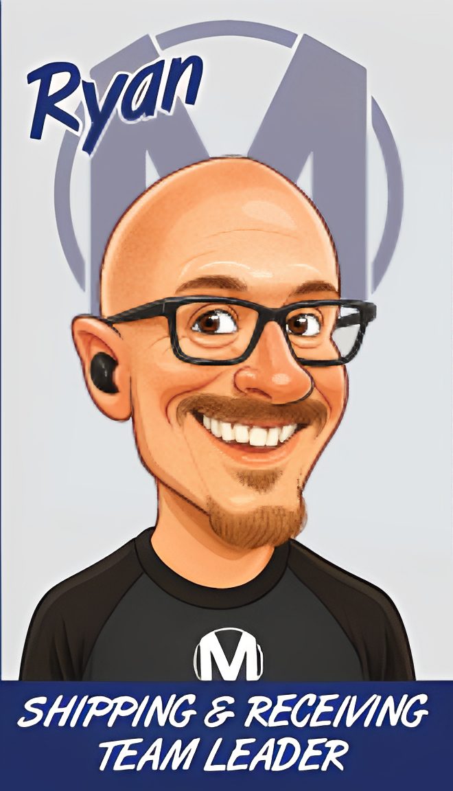 Caricature of a bald man with glasses and a big smile.