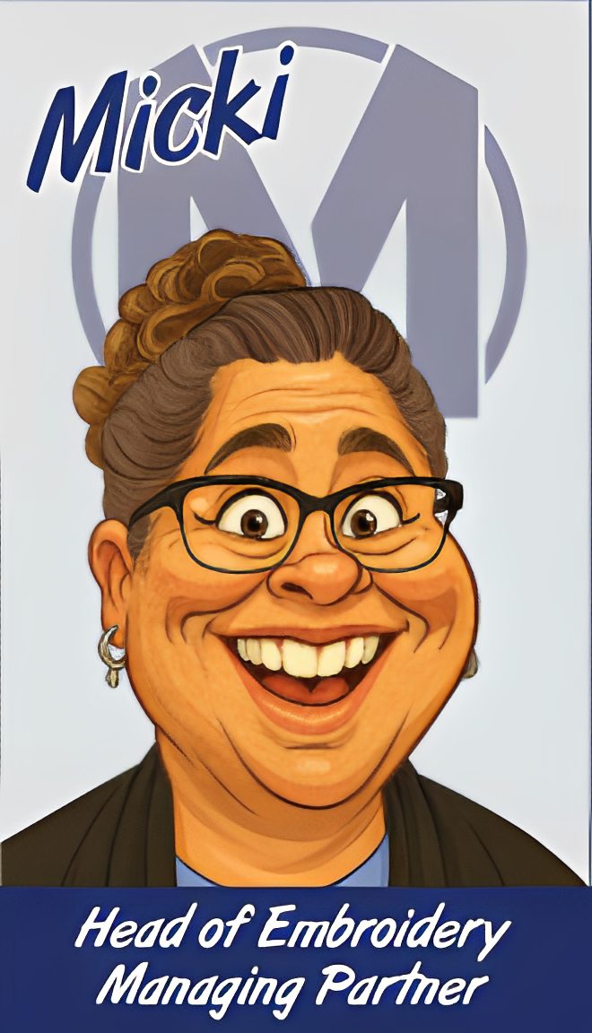 Caricature of a cheerful woman with glasses and curly hair.